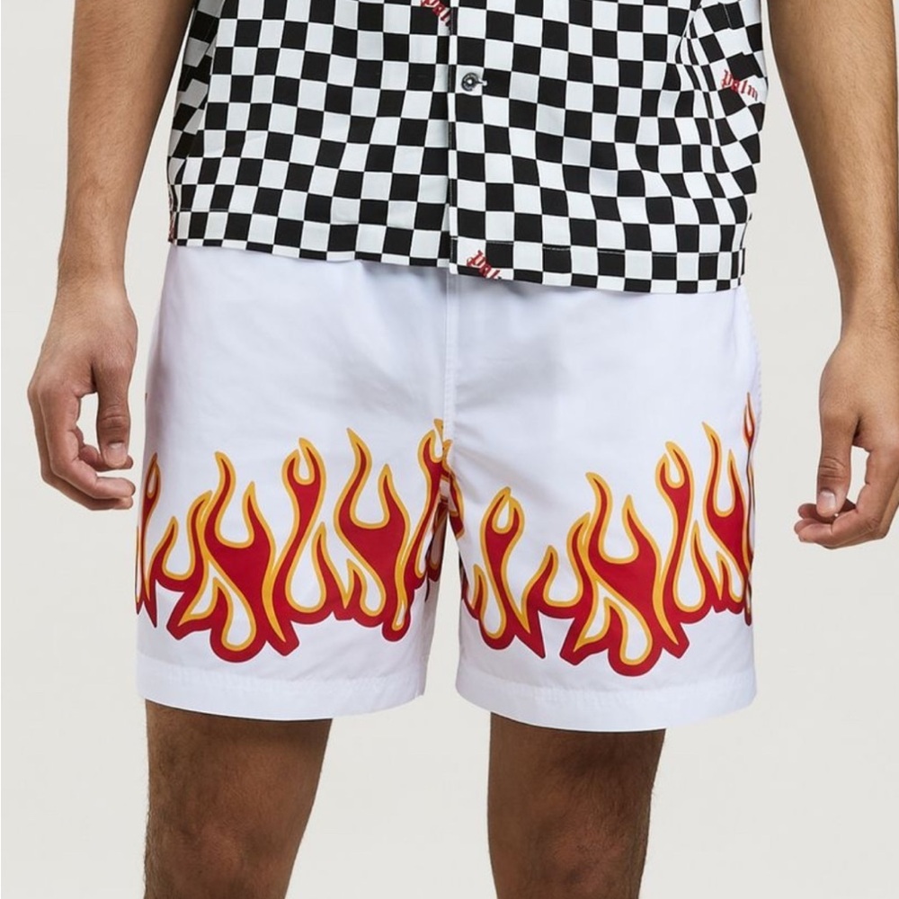 ‼️SOLD‼️Palm Angels White and Red Board Shorts with Bold Design